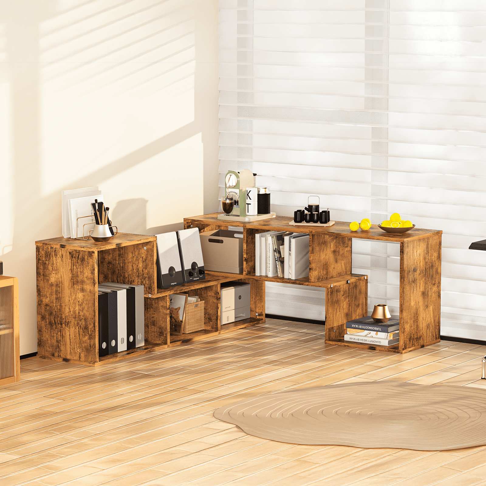 MOOSENG Horizontal Bookshelf, Vintage 2 Shelf Cube Bookcase L-Shaped TV Console Stand, Modern Entertainment Center with Open Storage Shelves for CDs/Movies/Books for Living Room, Bedroom