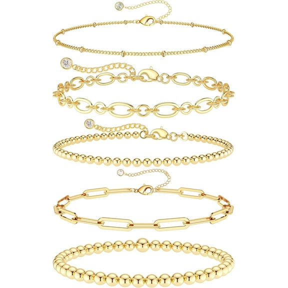 Gold Bracelets Set for Women Trendy, Dainty 14K Gold Plated Jewelry Fashion Stackable Tennis Beaded Figaro Herringbone Paperclip Link Bracelet Pack Stack Gifts for Women