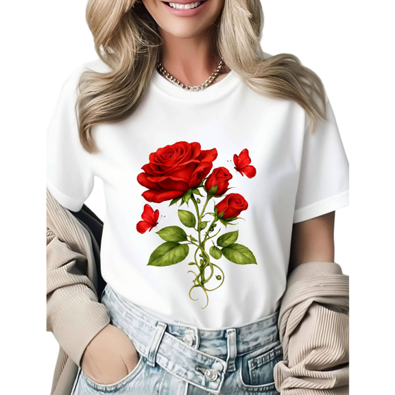 Flower Lover Red Rose Butterfly Graphic Tees Womans Tshirt Black White S-5XL Tops