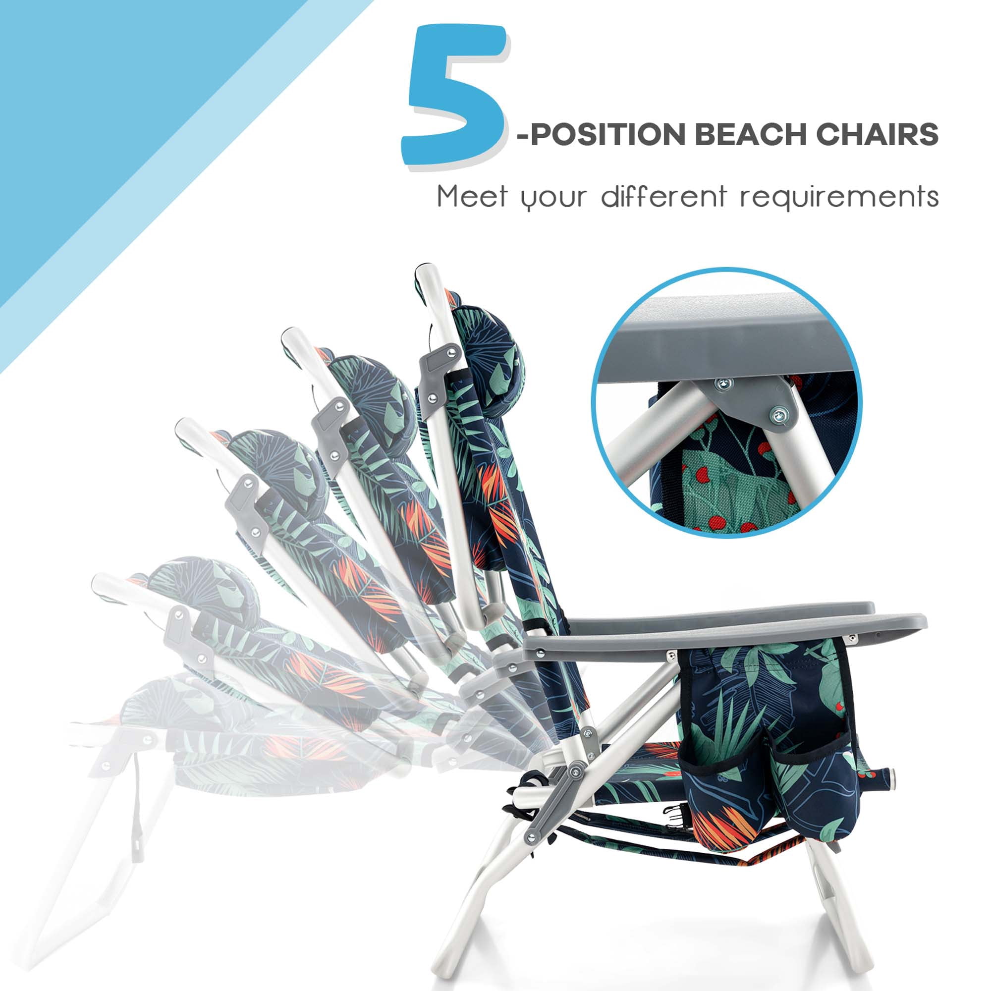 Costway 2-Pack Folding Backpack Beach Chair Table Set 5-Position Outdoor Reclining Chair Printed