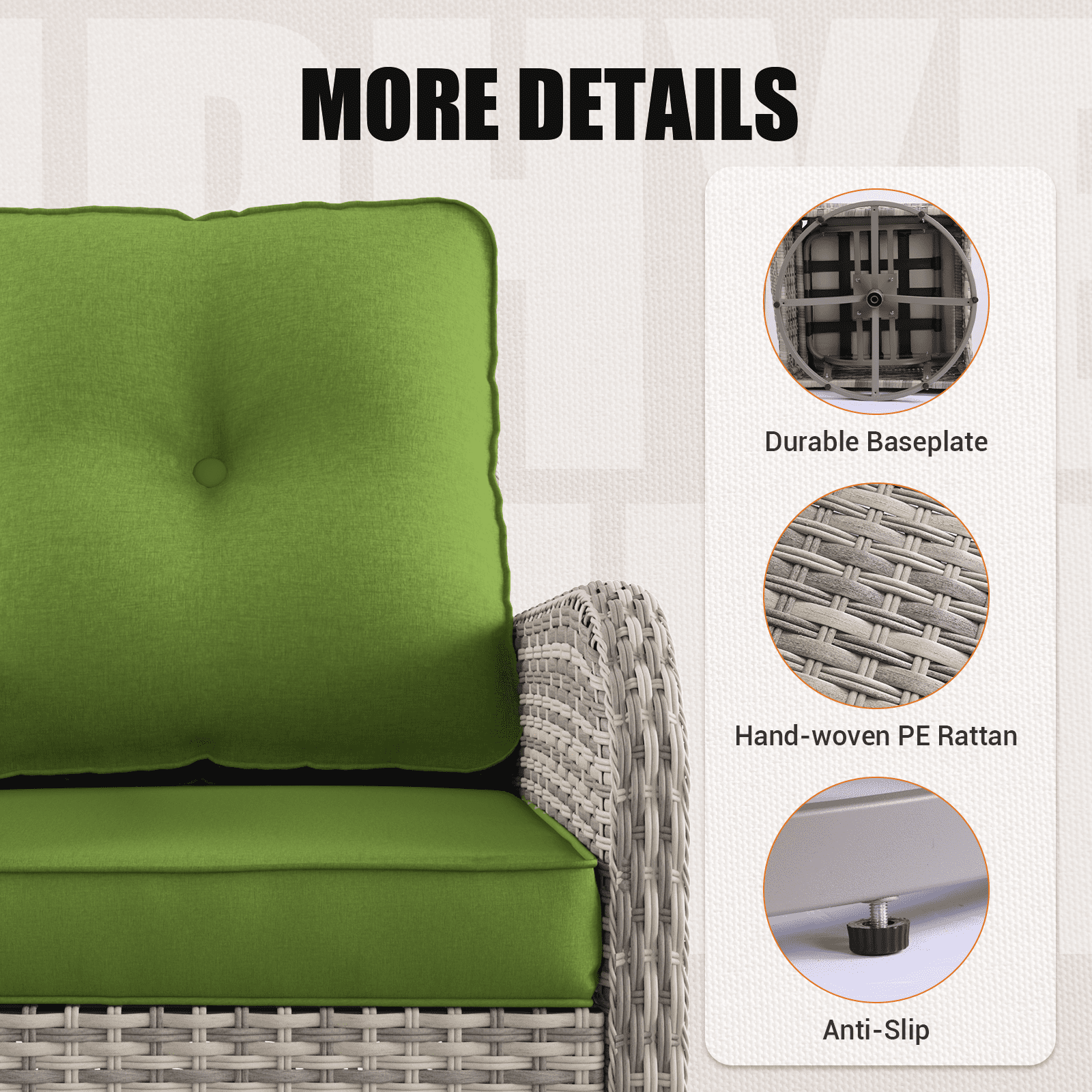 Muphyers 5-Piece Wicker Swivel Rocking Chair Patio Set, Outdoor Patio Furniture Set with Ottomans, 4" Cushions, Adjustable Feet, Double‑Layer Glass Table for Porch Garden Deck Relaxation,Grass Green
