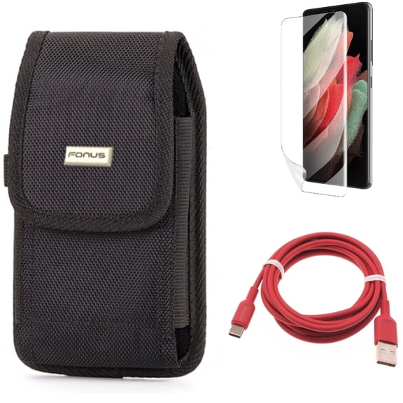 6ft USB-C Cable & Matte Screen Protector & Case Belt Clip for Samsung Galaxy S22 Plus (S22 ) - Combo Red Charger Cord Power & TPU Film Anti-Glare & Swivel Holster Rugged
