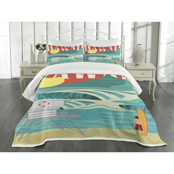 Ambesonne Tropical Quilted Bedspread Set 3 Pcs, Hawaii Holiday Coast, King Size, Sand Teal