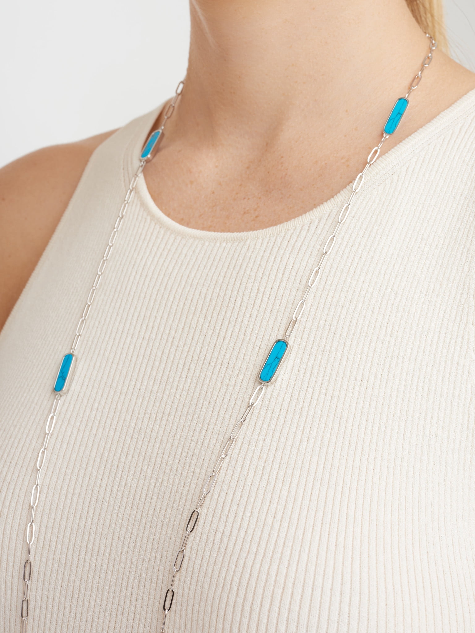 Forever Facets Platinum Over Sterling Silver Genuine Turquoise Paperclip Necklace, 36"