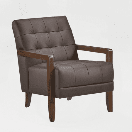 Modern Dark Brown Leather 1-Piece Accent Chair with Walnut Finish and Tufted Detail