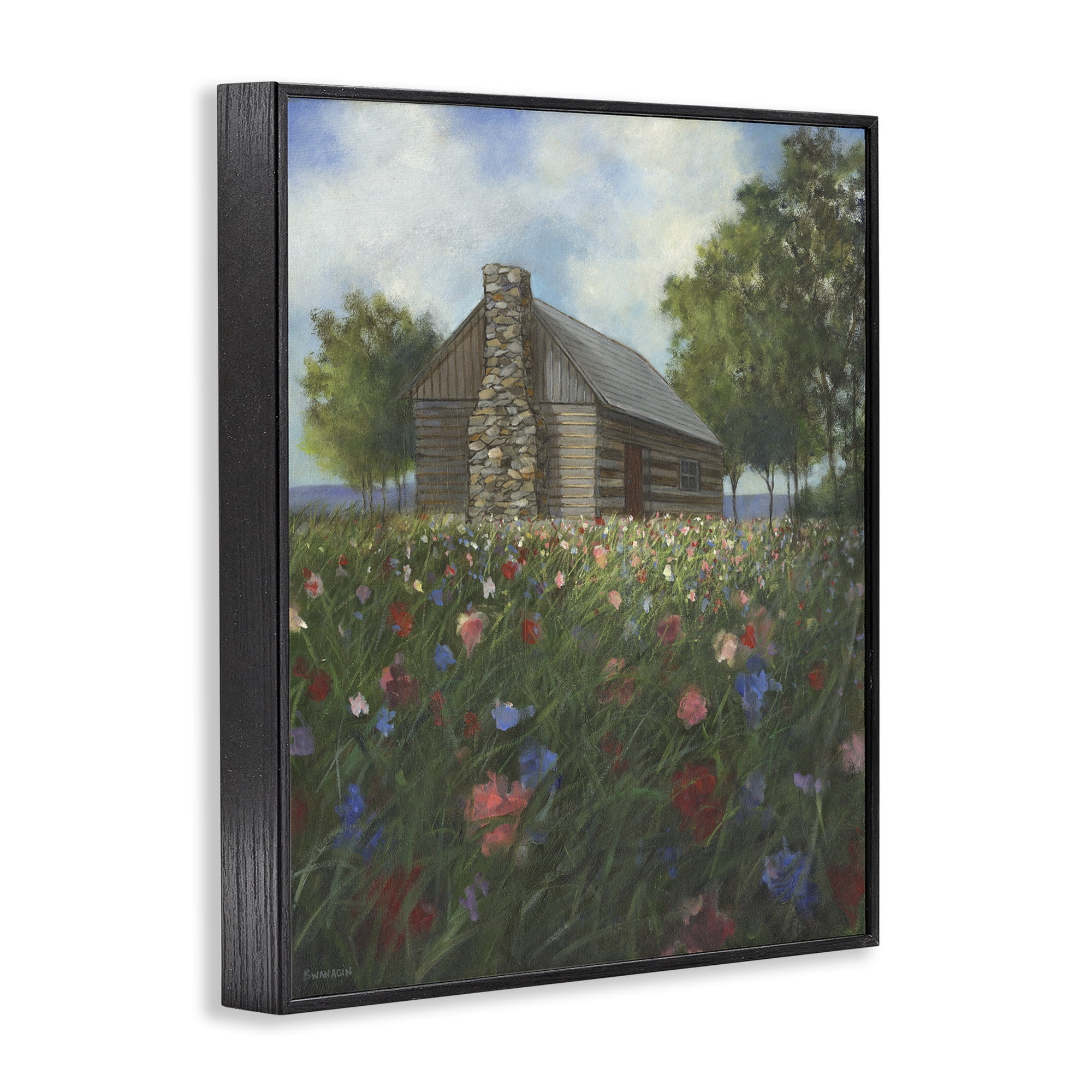 Stupell Industries Log Cabin Meadow Landscape Painting Black Framed Art Print Wall Art, 16 x 20