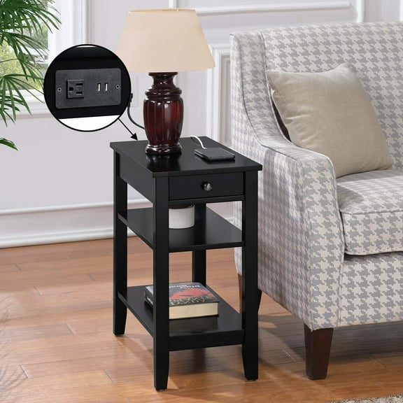 HomeStock Suburban Soiree Transitional 3 Tier End Table Night Stand with 1-Drawer Chairside Charging Station and Shelves, Black, 23.5"D x 11.25"W x 24"H