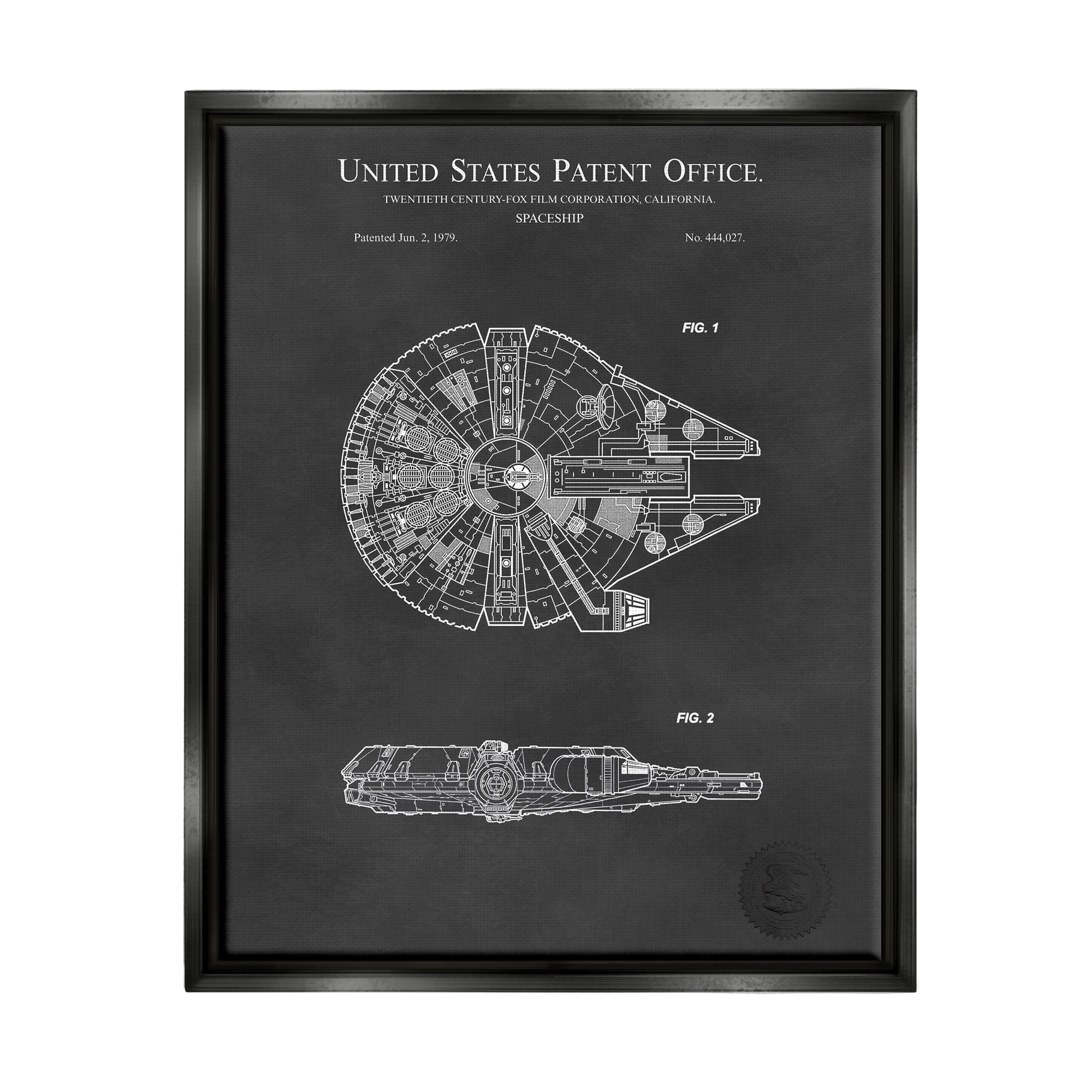 Stupell Industries Detailed Sci-fi Spacecraft Representation Blueprint Diagram Jet Black Framed Floating Canvas Wall Art, 16x20, by Karl Hronek