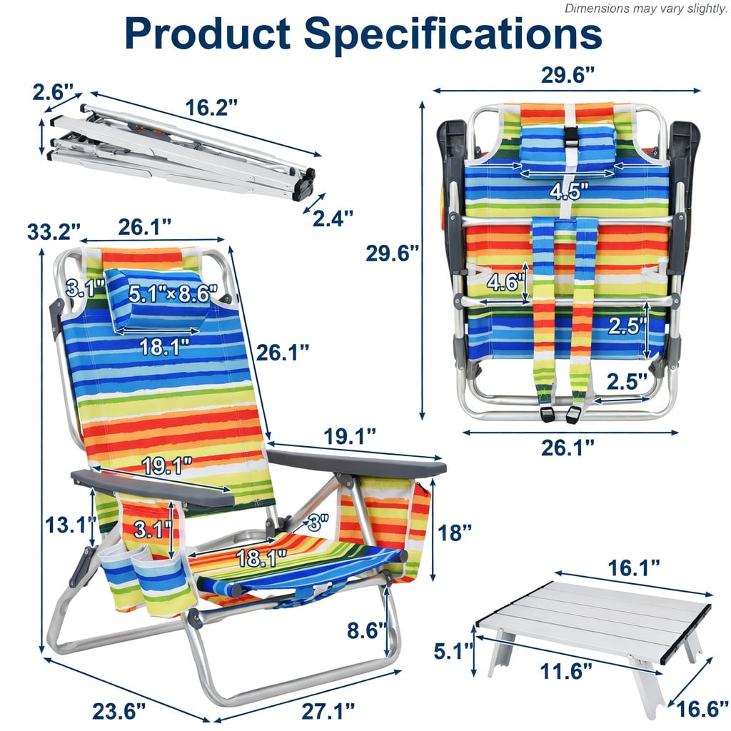 Hommoo 2-Pack Portable 5-Position Aluminum Beach Chair Set with Folding Side Table, Yellow
