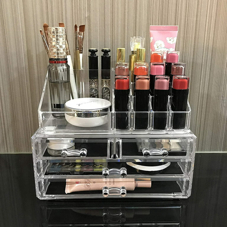 Stackable Clear Makeup Holder and Double Organizer Drawer Set