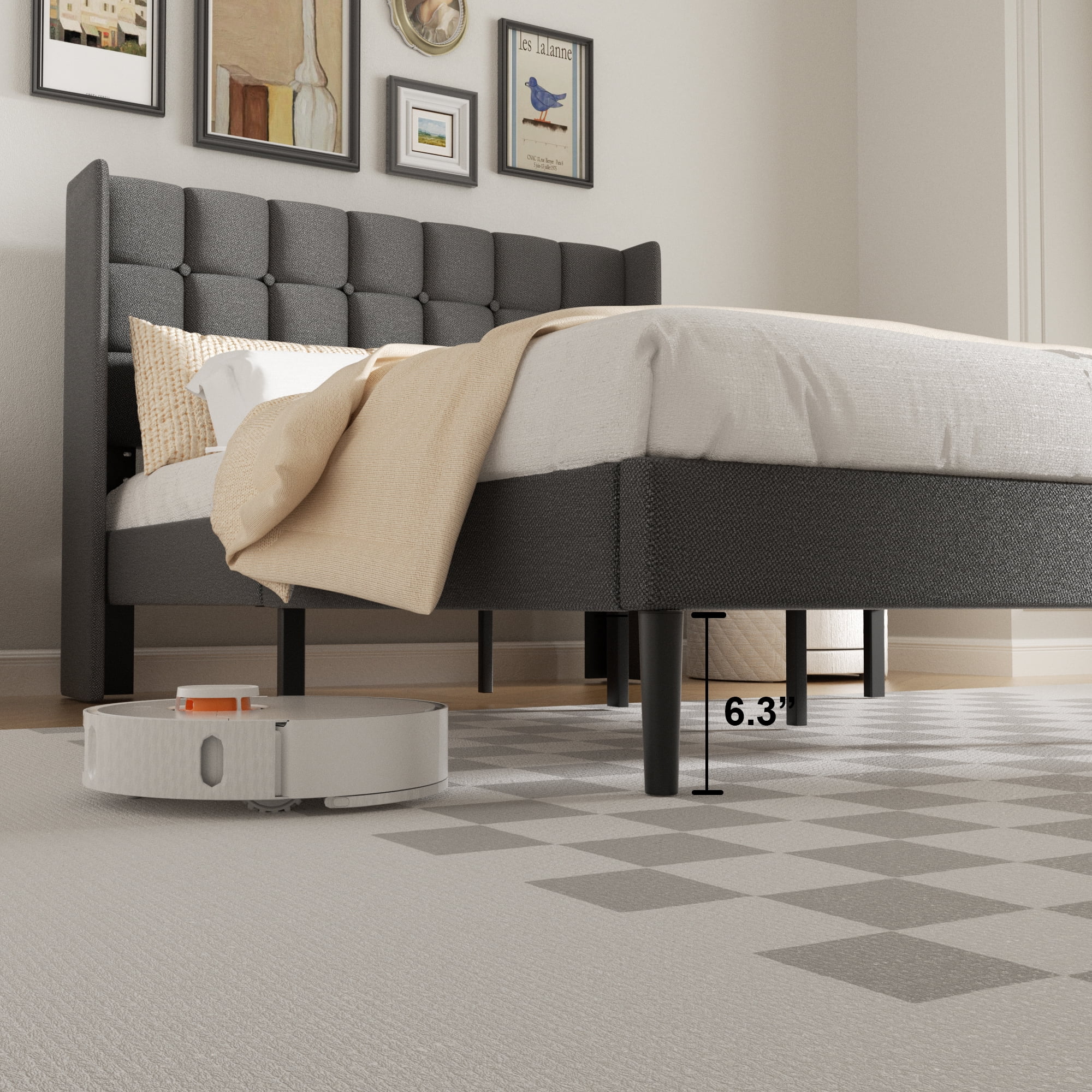 VIPLOV Queen Bed Frame , Modern Platform Bed Frame with Headboard and Upholstered Wingback, Easy Assembly,Dark Gray