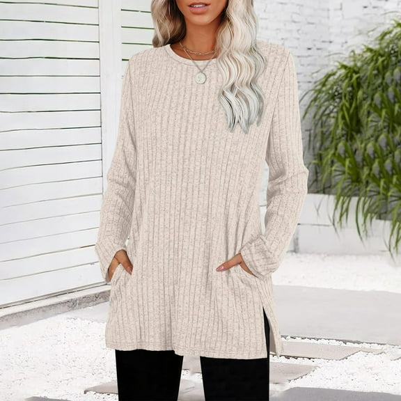Women's Crewneck Long Sleeve Sweater with Pockets Side Slit Hem Loose Fit Knit Top Fall Winter Fashion 2025 Casual Comfort Outfits Beige L