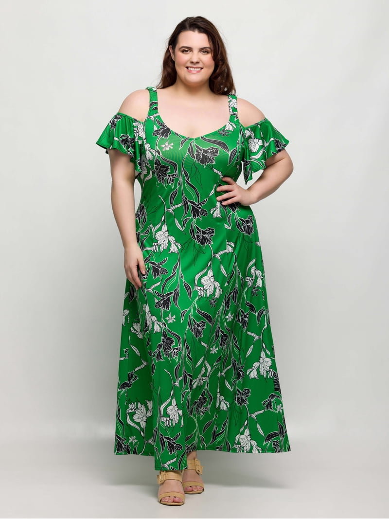 green floral cold shoulder dress Maxi Dress Cold Shoulder Dresses For Wedding Guest Green Floral Bridesmaid  Dresses Wedtrend Women Long Bridesmaid