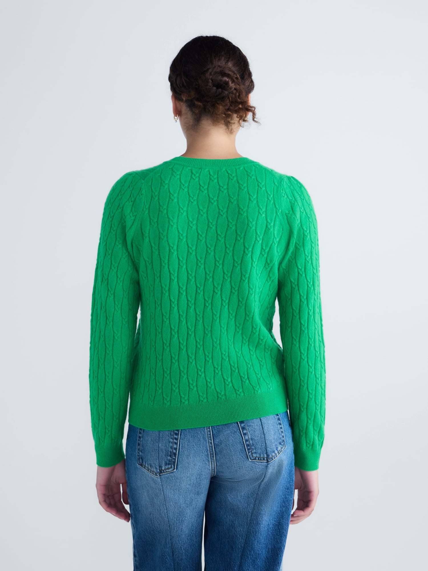 Free Assembly Women's and Women's Plus Cashmere Cable Knit Sweater with Puff Sleeves, Midweight, Sizes XS-4X