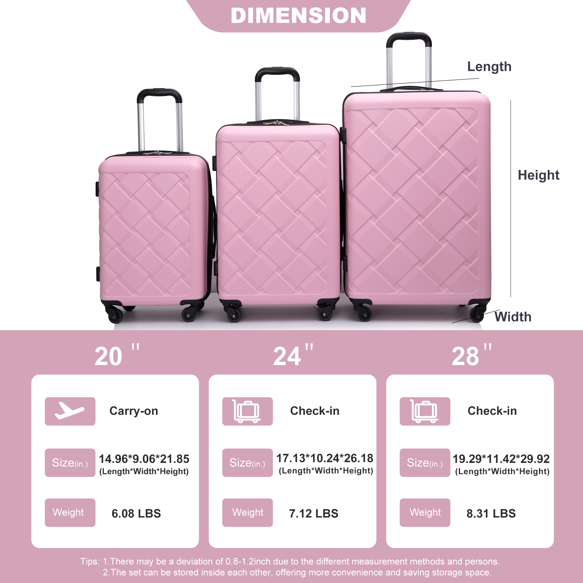 8-Piece Set Hardshell Luggage Sets with Spinner Wheels ABS Suitcase Lightweight Durable Suitcase(20/24/28+portable handbag + 4 pieces storage bag set)