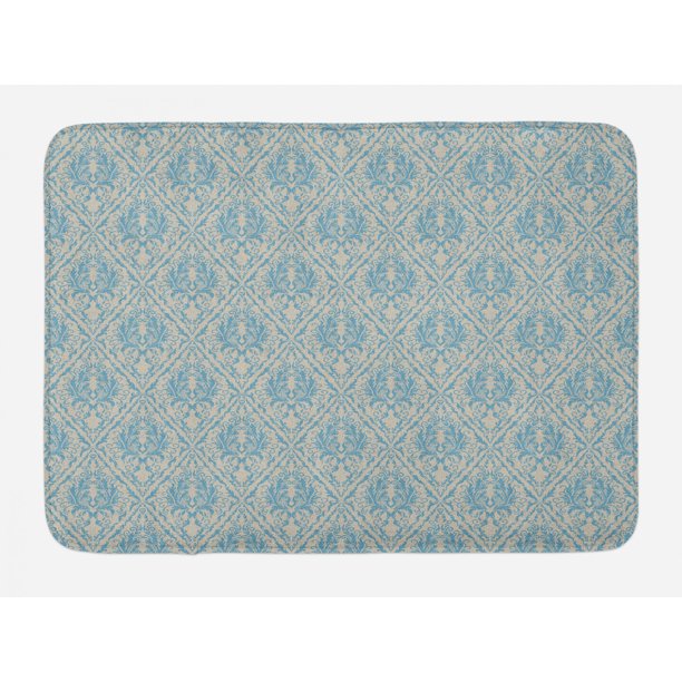 Blue and Beige Bath Mat, Vintage Royal Scroll Pattern Victorian Fantasy
