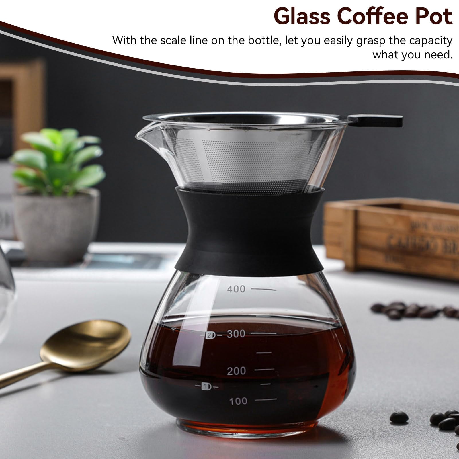 Waayee Pour over Coffee Maker Set, 14 oz Glass and Stainless Steel Single Cup Coffee Brewer with Reusable Filter, BPA-Free