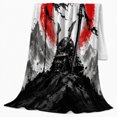 thumbnail image 2 of Japanese Samurai Ink Wash Silhouette, Peaceful Mountain Lake Scene, Warm Flannel Blanket for Cabin and Lodge, Outdoor Lovers Friendship Gift, Artistic Home Decor, 2 of 9