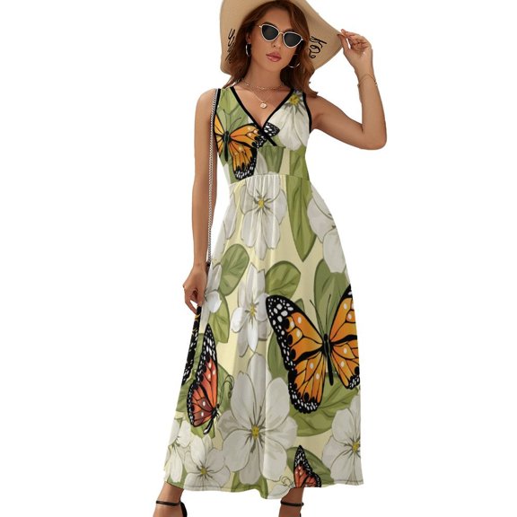 Blue Floral Butterfly Womens Night Club Maxi Dress V Neck Sleeveless Bohemia Long Dresses