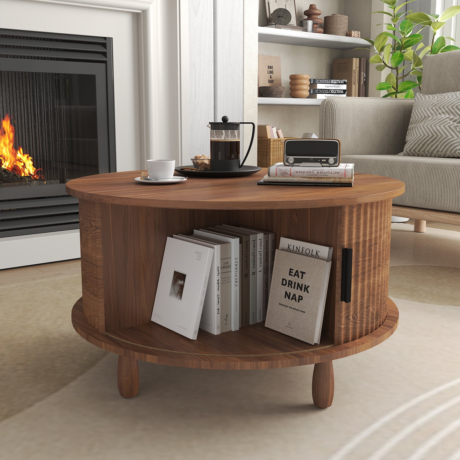 Strafriture Round Coffee Table with Storage, 30.7" Modern Coffee Table with 360° Curved Sliding Door, Fluted Wood Coffee Table with Footpads, Round Center Table for Living Room, Walnut