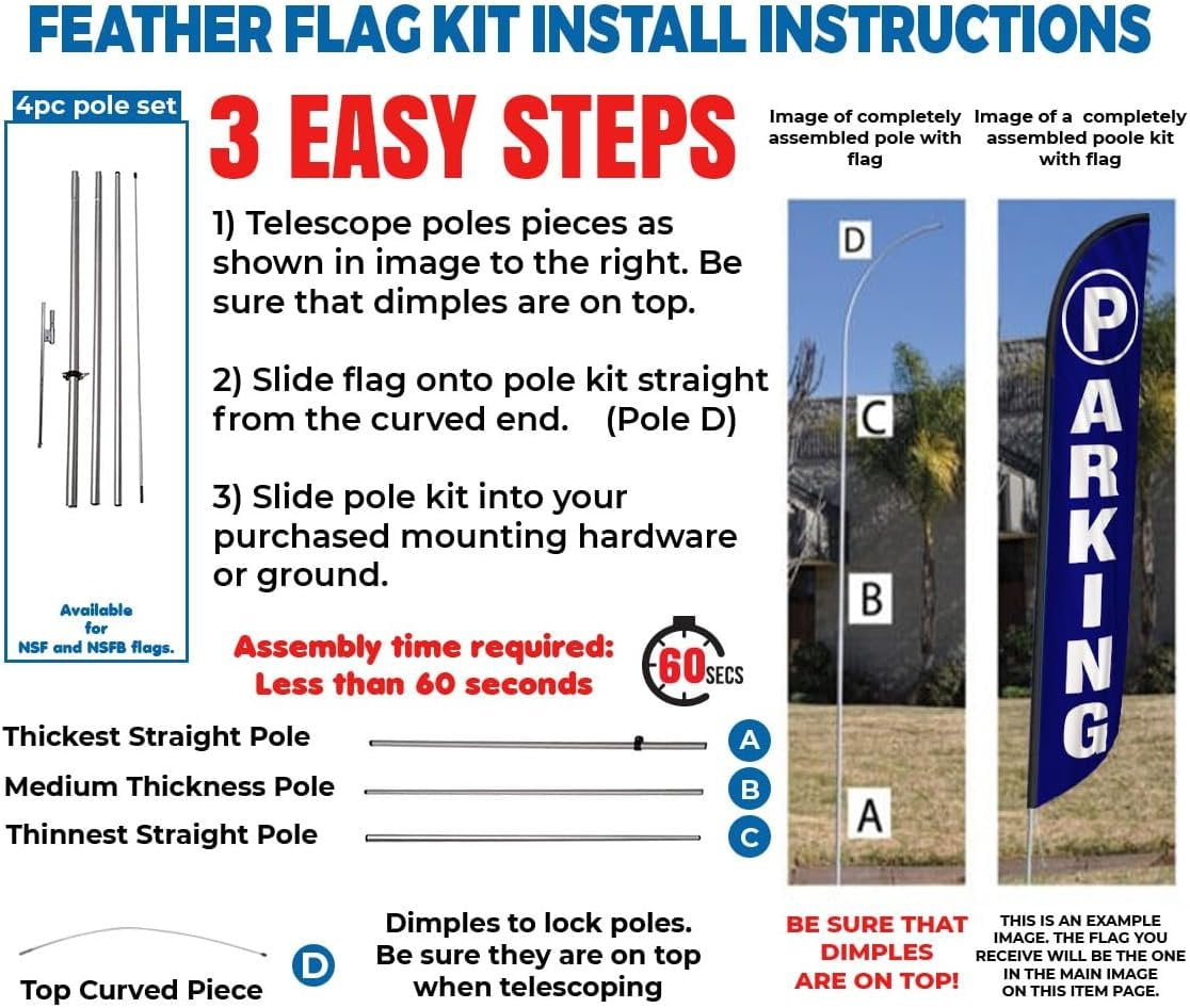 Parking Sign Outdoor Feather Banner Flag Signs with complete Pole kit and Ground Spike