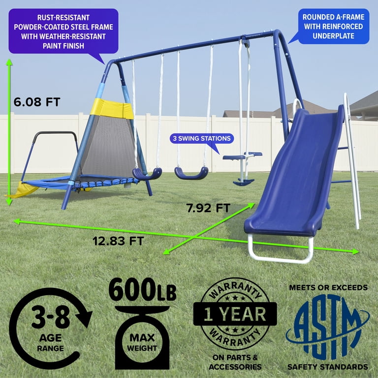 Sportspower Almansor Metal Swing Set with Glide Ride, Trampoline