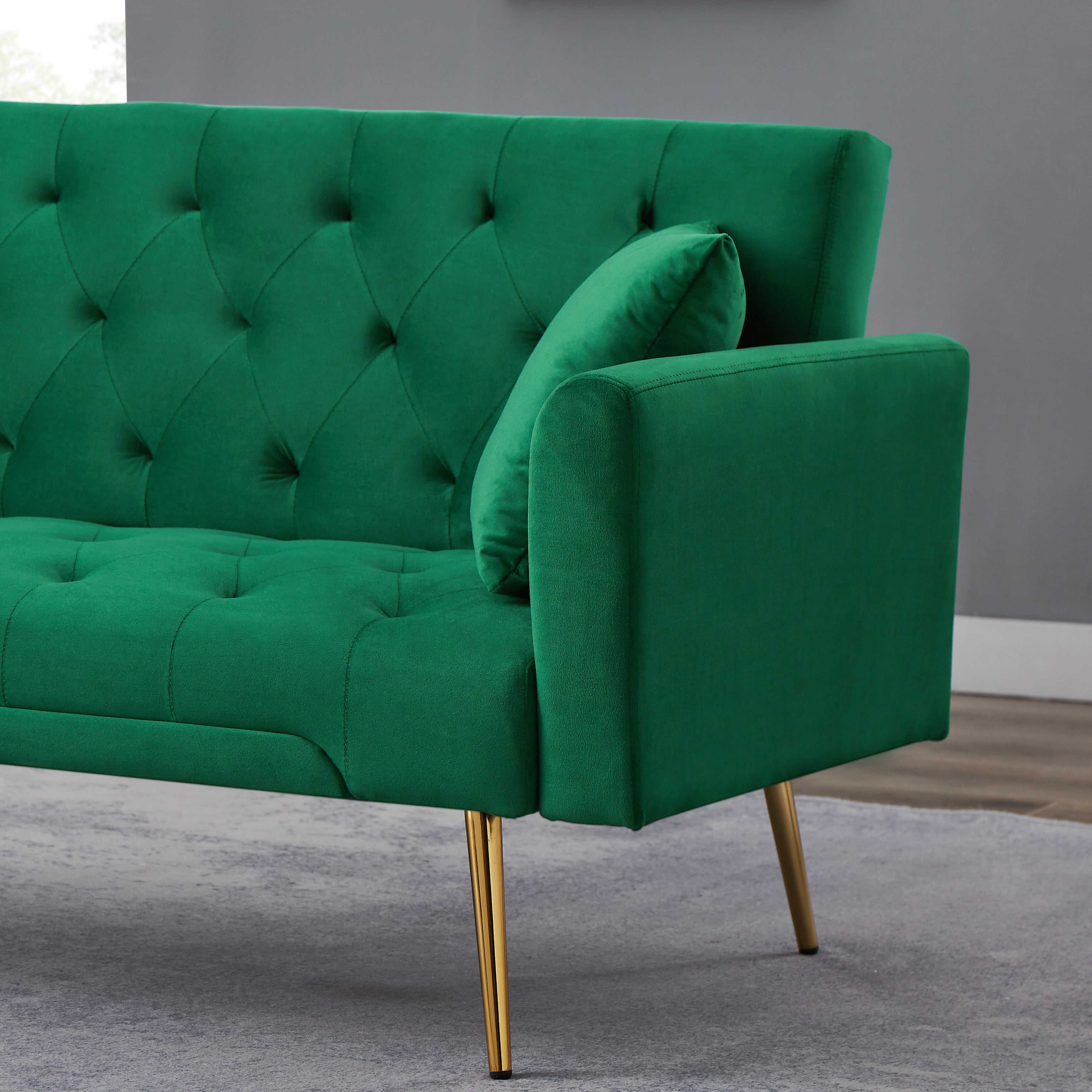 71 Inches Velvet Futon Sofa Bed with 2 Pillows,Modern Convertible Futon Couch with Adjustable Backrest,Green