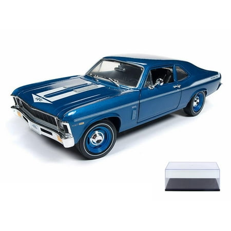 - Diecast Car & Display Case Package - 1969 Chevy Nova, Blue w/white stripes - Auto World AMM1135 - 1/18 Scale Diecast Model Toy Car w/Display Case