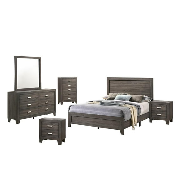 Rustic Wood Gray 6pc Bedroom Set in Queen Size with Chest and 2 Nightstands
