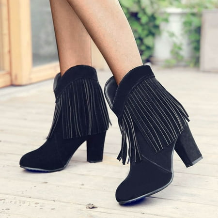 

Women s Fashion Fringe Boots Solid Color Frosted Thick High Heel Ankle Boots