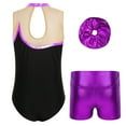 thumbnail image 2 of YONGHS Kids Girls Gymnastics Dance Outfit Ice Skating Leotard Unitard with Shorts Hair Tie Set Purple 4, 2 of 7
