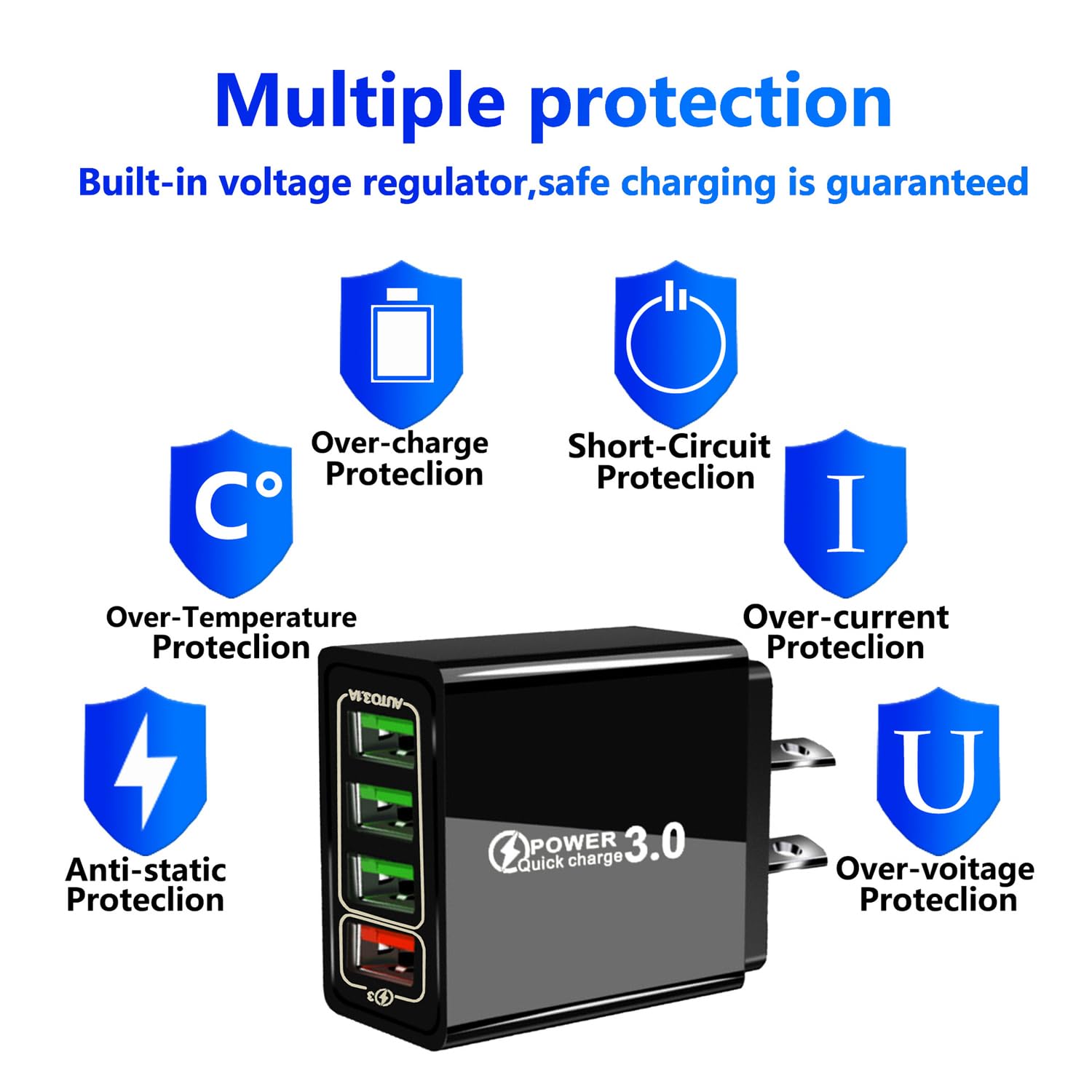 Panningbo 4-Port USB Wall Charger 2-Pack Fast Charging Block with Smart Temperature Control Compact Travel Adapter for Smartphone Tablet