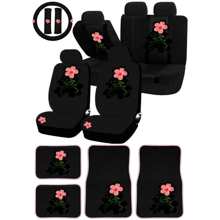26PC Whimsical Pink Flower Universal Seat Covers Steering Wheel & Carpet Floor Mats Set Car Truck SUV