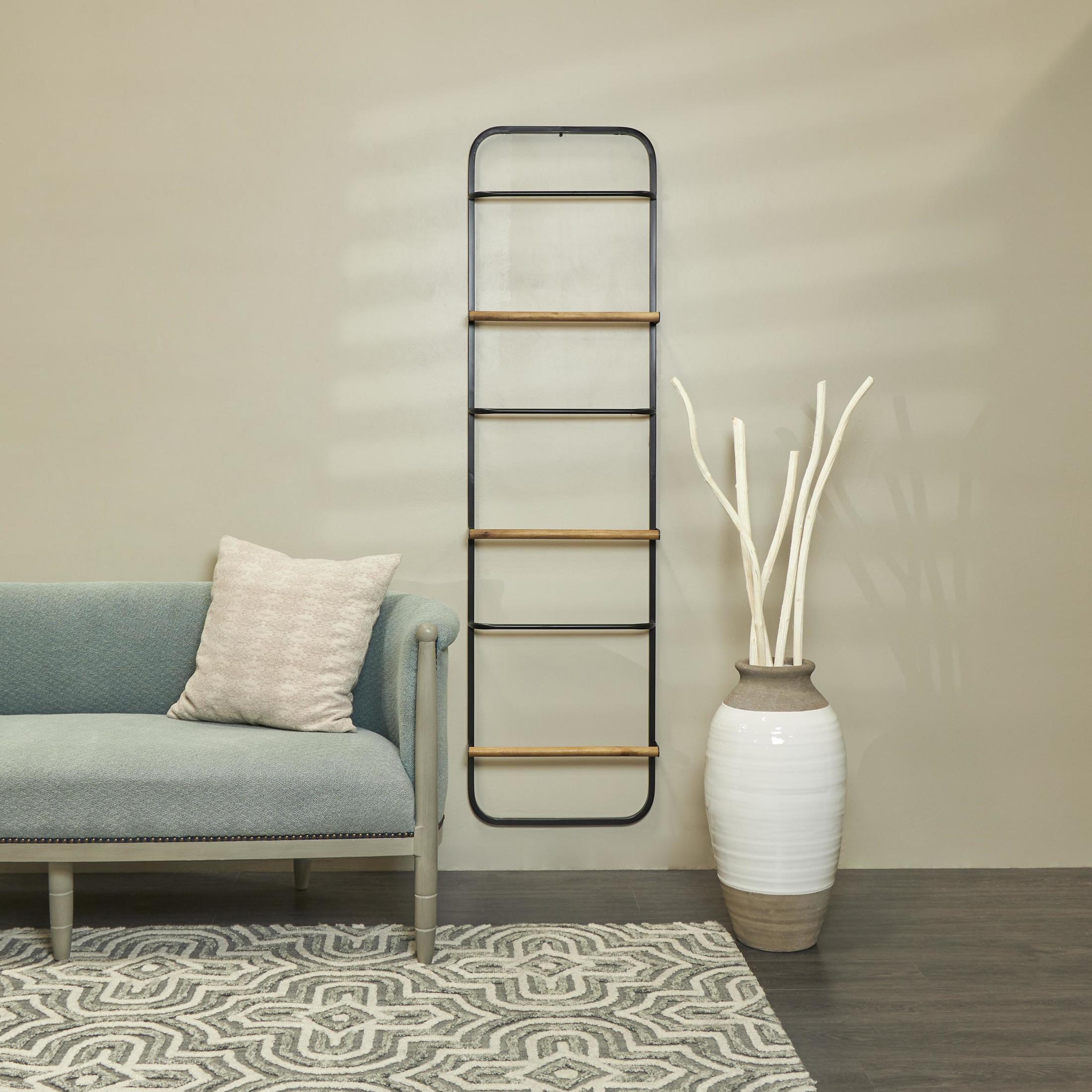DecMode 19" x 70" Black Metal 6 Rung Ladder with Brown Wood Accents, 1-Piece