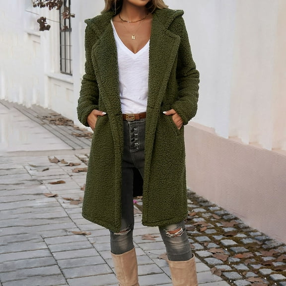 Women's Fuzzy Long Hooded Jacket Lapel Open Front Cardigan Button Down Teddy Coat Outwear With Pockets Womens Western Trench Coat Womens Jackets plus Hooded Coats for Women Womens Winter Jacket Hood