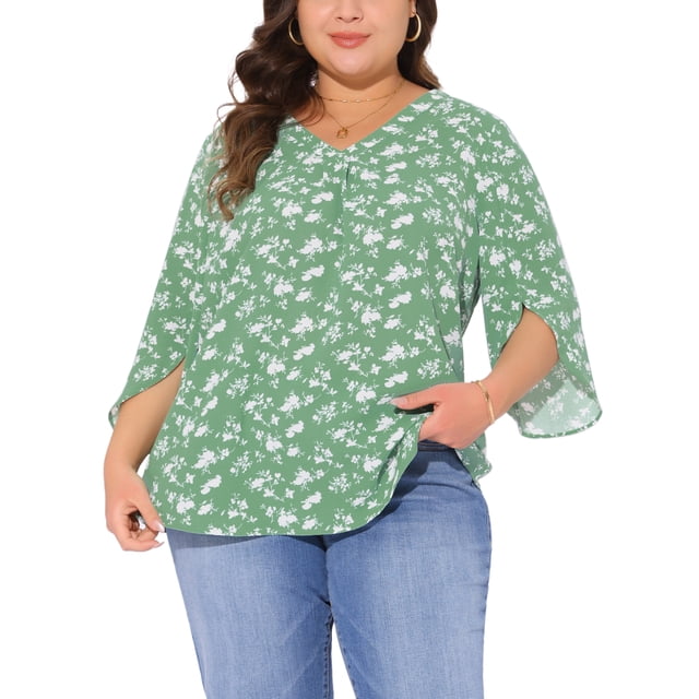 Blusa de gasa de mujer plus size Agnes Orinda, con cuello en V, manga 3/4, estilo casual de verano, talla 1X, color verde