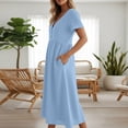 thumbnail image 4 of cocolona Womens Summer Linen Long Dress V Neck Short Sleeve Pleated Flowy Sun Dress Fashion Casual Loose Beach Dress with Pockets, 4 of 6