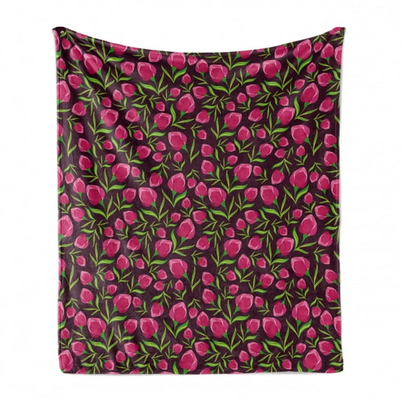 Flowers Soft Flannel Fleece Throw Blanket, Natural Theme Pink Flowers Leaves in Repeating Design Garden Art, Cozy Plush for Indoor and Outdoor Use, 70" x 90", Pink Dark Purple and Green, by Ambesonne