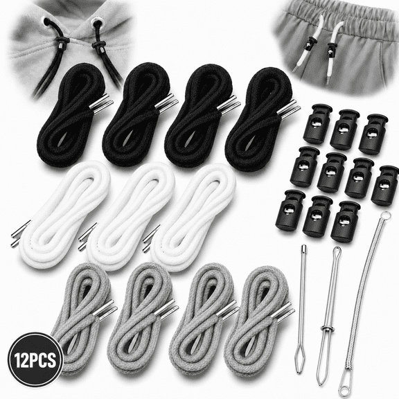 Emlimny 12-Pack Hoodie Drawstring Cord Replacement with 10 Cord Locks & 3 Threader Tools, Flat Adjustable Strings for Sweatpants, Jackets, Coats, Shorts, Pants | Repair Kit, Clothing Accessories
