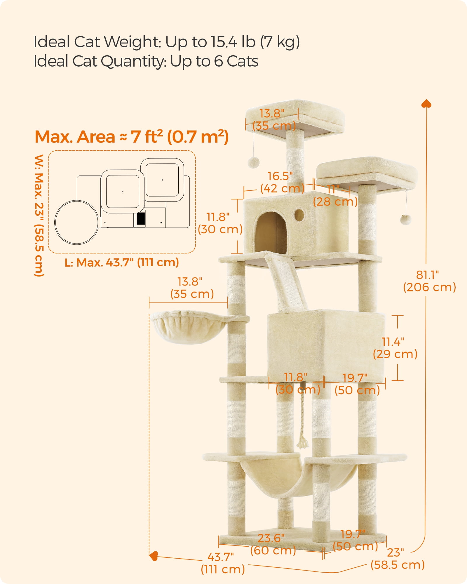 81.1"H Cat Tree Cat Tower for Indoor Cats, Plush Multi-Level Cat Condo with Scratching Posts, Perches, Caves, Hammock, Beige