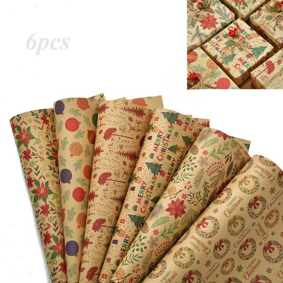 Kraft Christmas Wrapping Paper Gifts Wrap 6pcs Different Patterns(Each19.7×27.56in )