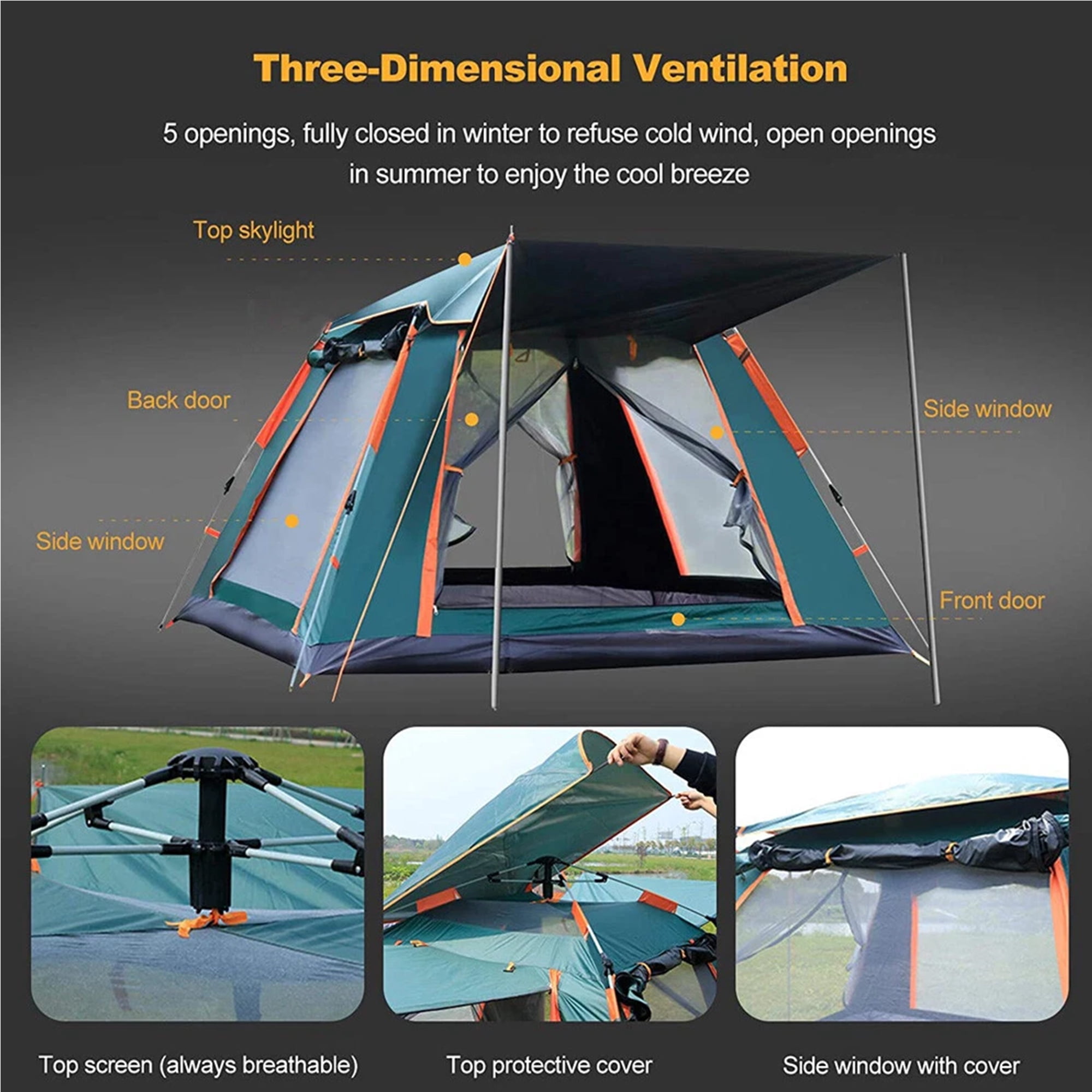 Camping Tent Popup Tent Water Resistant Windproof Dome Hiking Tent 4 People Family Easy Setup