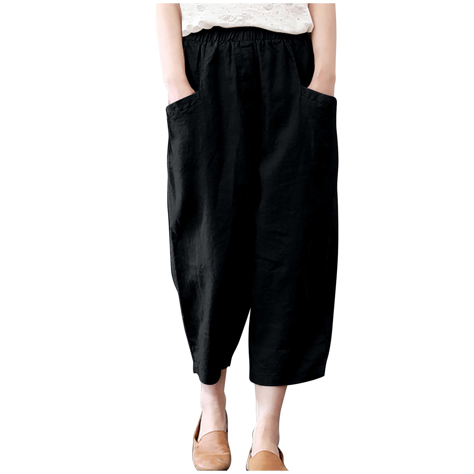 Womens Elastic Waist Causal Loose Trousers Linen Ankle Cropped Wide Leg Pants with Pockets 