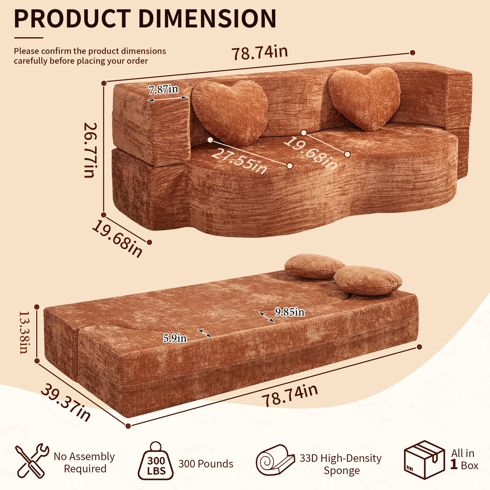 78.74"W Heart-Shaped Convertible Sofa,Floor Couch,Sleeper Sofa Bed,No Assembly High-Density Sponge Loveseat with 2 Heart Pillows for Living Room, Apartment,Burnt Orange