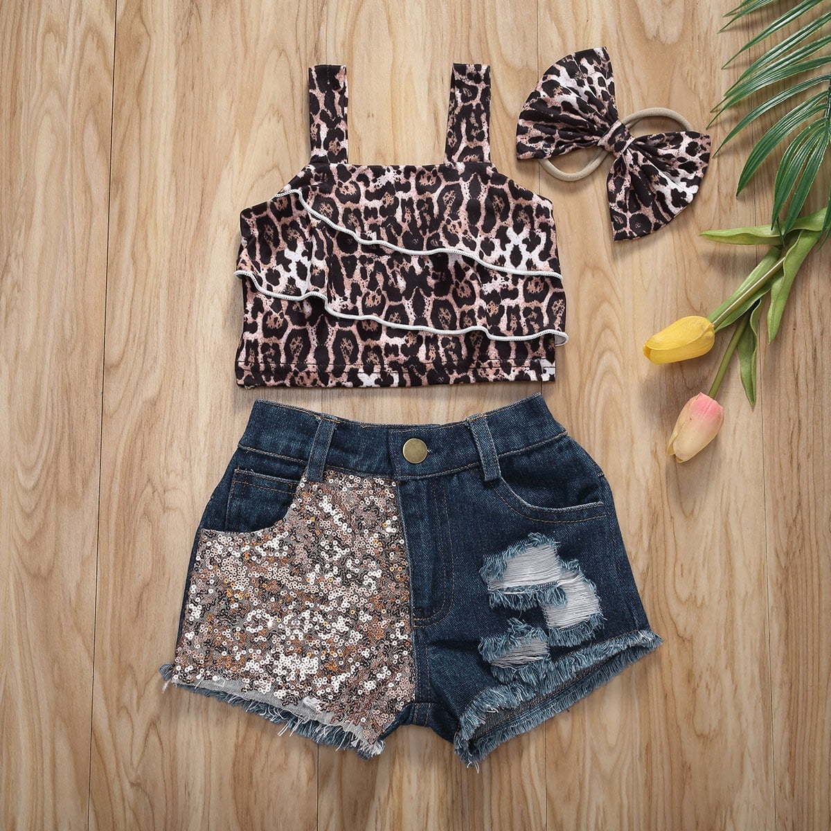3PCS Kids Girls Summer Ruffles Top Shorts Leopard Short Sleeve Pleated Vest Blue Hole Jeans Side Pockets