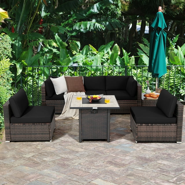 Costway 7PCS Patio Rattan Furniture Set 30" Fire Pit Table Cover Cushion Sofa Black