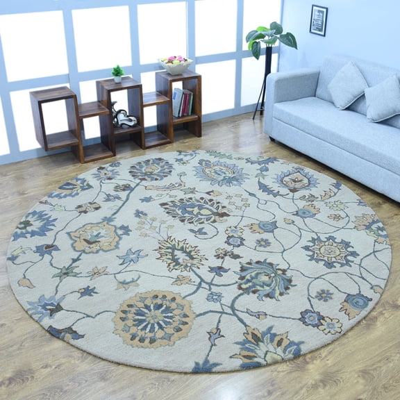 Rugsotic Carpets Hand Tufted Wool Eco-Friendly 8'x8' Area Rugs Round Cream Floral Modern High Pile Thick Handmade Anti Skid Indoor Rug for Living Room, Bedroom K00500