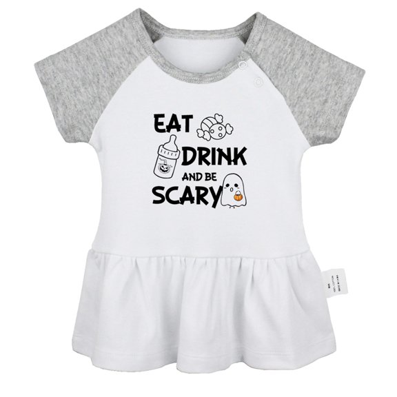 Eat Drink And Be Scary Funny Dresses For Baby, Newborn Babies Skirts, Infant Princess Dress, 0-24M Kids Graphic Clothes (Gray Raglan Dresses, 6-12 Months)