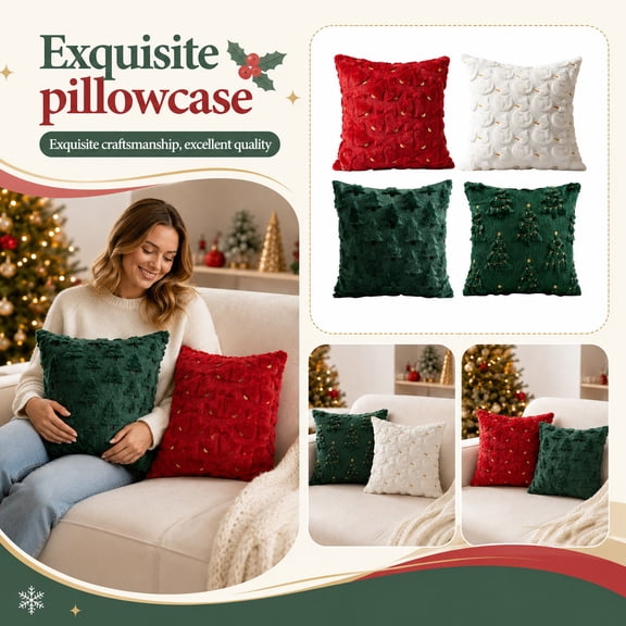 Christmas Throw Pillow Covers 18x18 Inch, Embroidered Decorative Square Pillowcases, Farmhouse Holiday Cushion Covers for Couch Sofa Living Room Bedroom Outdoor Home Decor