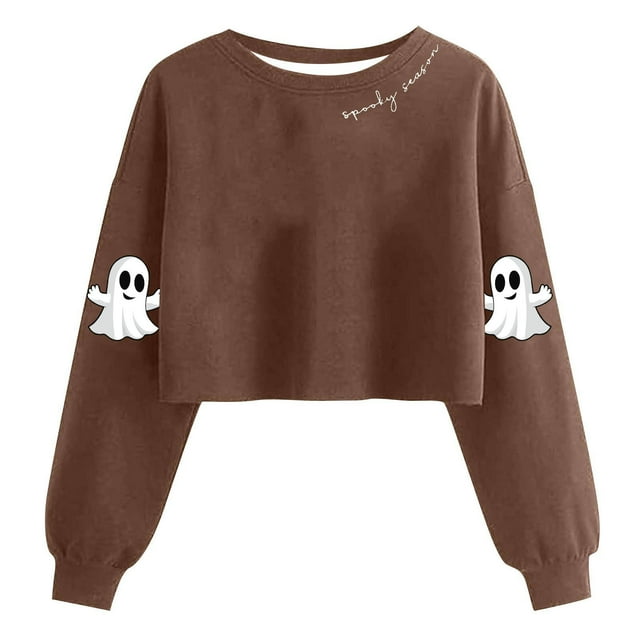 Lcziwo Chandail Court d'Halloween pour Femmes, Haut Graphique de Fantôme Mignon, Manches Longues Lanterne, Col Rond, Chandail de Saison Effrayante, Mode d'Automne, Chandail Brun, P